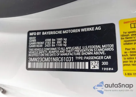 2022 BMW 230 I z USA, uszkodzony, nr VIN 3MW23CM01N8C61031